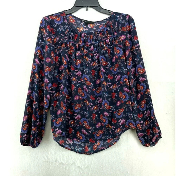 Gibson Tops - Gibson Blouse Women's Sz XS Purple Red Floral Pleated Round Neck Long Sleeve